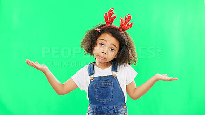 Buy stock photo Confused, doubt and portrait of kid on green screen in studio isolated on a mockup space background. Face, shrug and girl child with choice, hands for decision and asking question, why and dont know