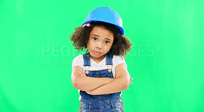 No, green screen and portrait of child shaking head arms crossed feeling sad isolated in studio background. Helmet, safety and annoyed young kid is frustrated, upset and refuse gesture