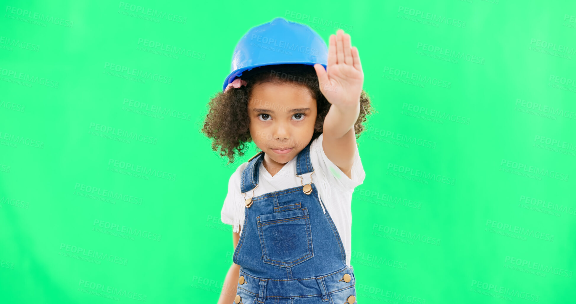 Buy stock photo Green screen, portrait and child with stop, face or safety in mockup for construction on studio background. Youth, serious or expression by hand, danger or warning with handyman, contractor or worker