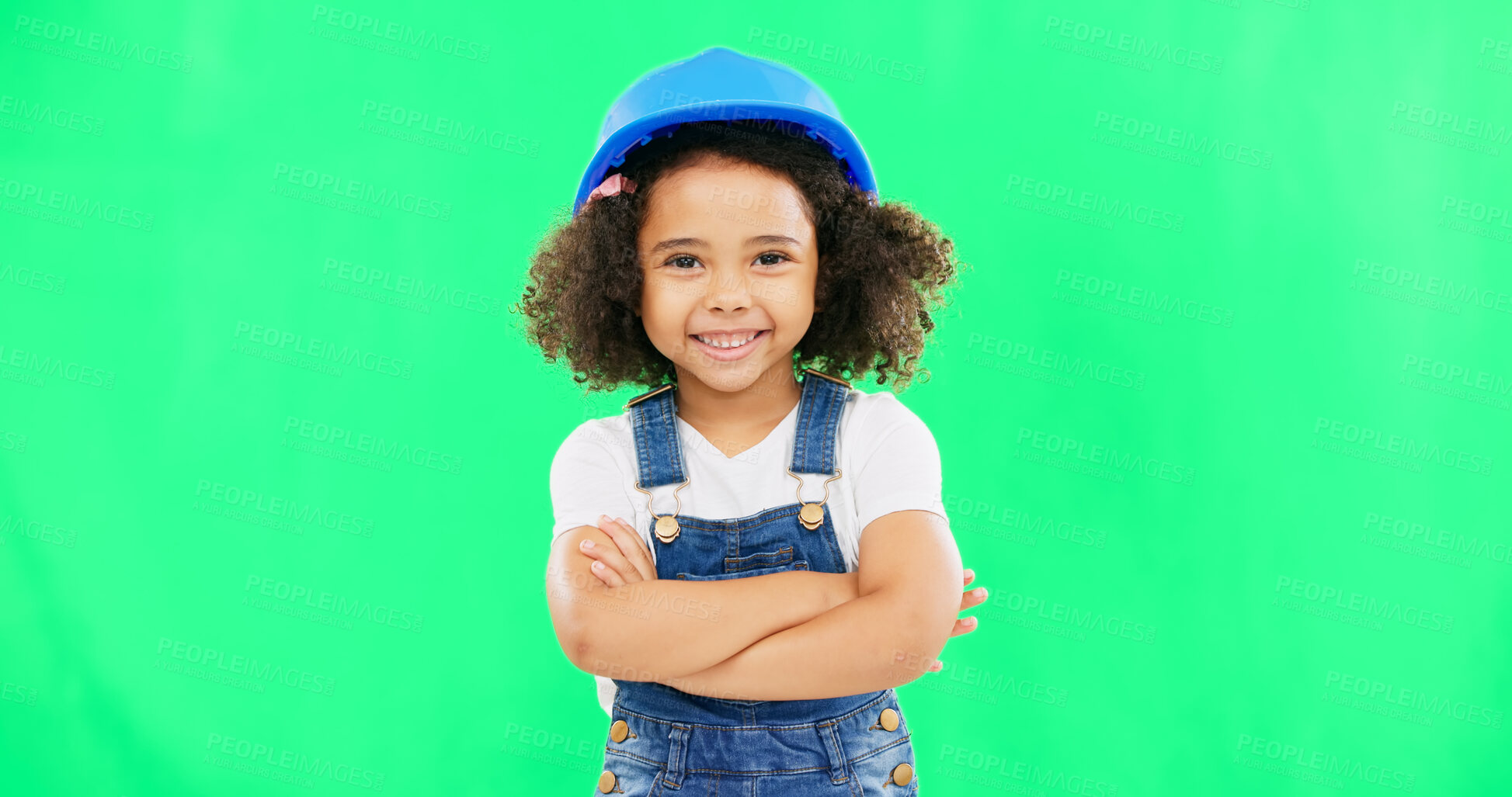 Buy stock photo Happy girl, portrait and arms crossed on green screen for construction against a studio background. Face of female person, junior architect or child smile in confidence for professional building