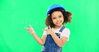 Buy stock photo Happy girl, portrait and pointing on green screen for construction against a studio background. Female person, junior architect or child smile showing deal, sale or tips for building on mockup space