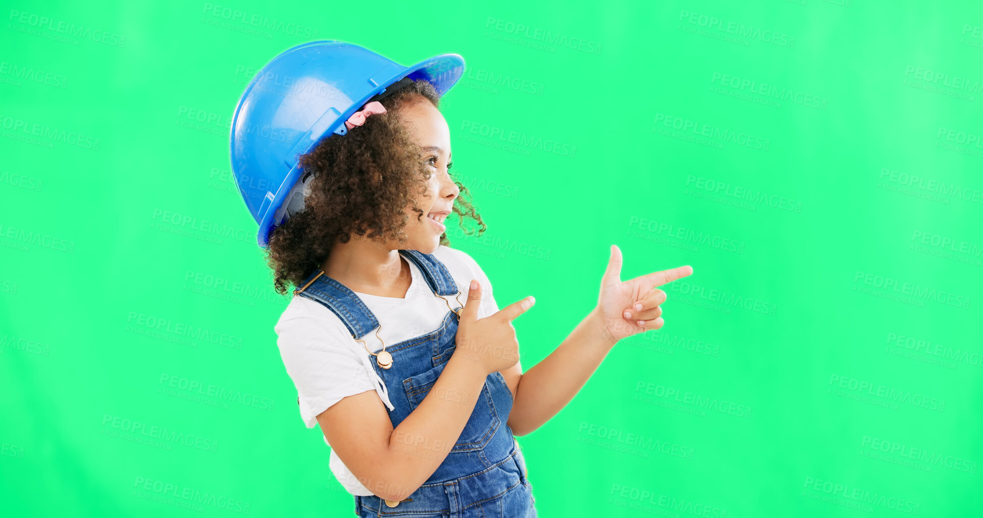 Buy stock photo Happy girl, pointing and green screen for construction advertising against a studio background. Female person, junior architect or child smile showing deal, sale or tips for building on mockup space