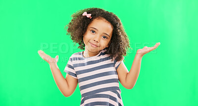 Confused, question and child shoulder shrugging and unsure raise arms isolated in a studio green screen background. Portrait, girl and clueless young kid with doubt reaction or hand gesture