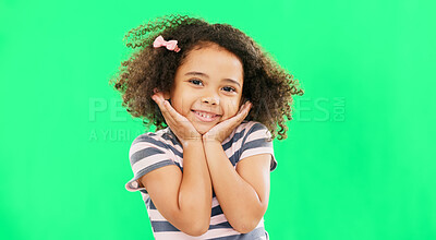 Happy, little girl and green screen with smile of cute innocent child isolated against a studio background. Portrait of adorable female kid smiling with teeth for childhood youth on chromakey mockup