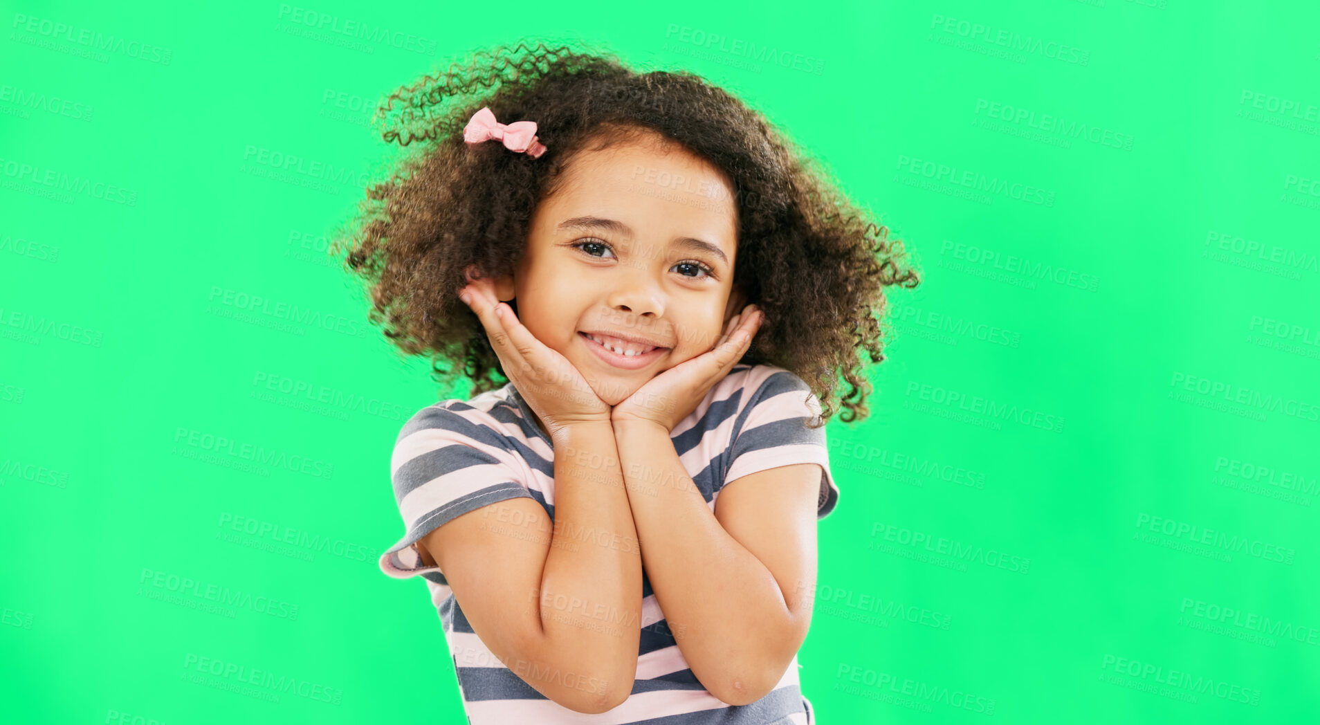 Buy stock photo Happy, portrait and girl child by green screen in a studio with cute, innocent and positive personality. Excited, smile and little kid with confidence and happiness isolated by chromakey background.