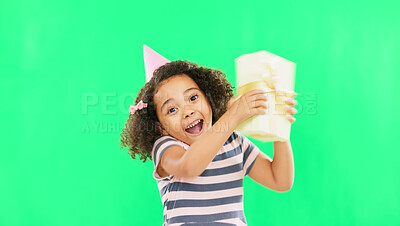 Gift box, excited girl and green screen of a happy child with a birthday present in a studio. Celebration, youth and happiness of a kid shaking a package with a smile and energy from party gifts
