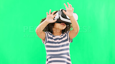 Metaverse, green screen and girl with virtual reality glasses, futuristic and online games. Young person, female child and kid with vr, gamer and headset for gaming, innovation and digital eyewear