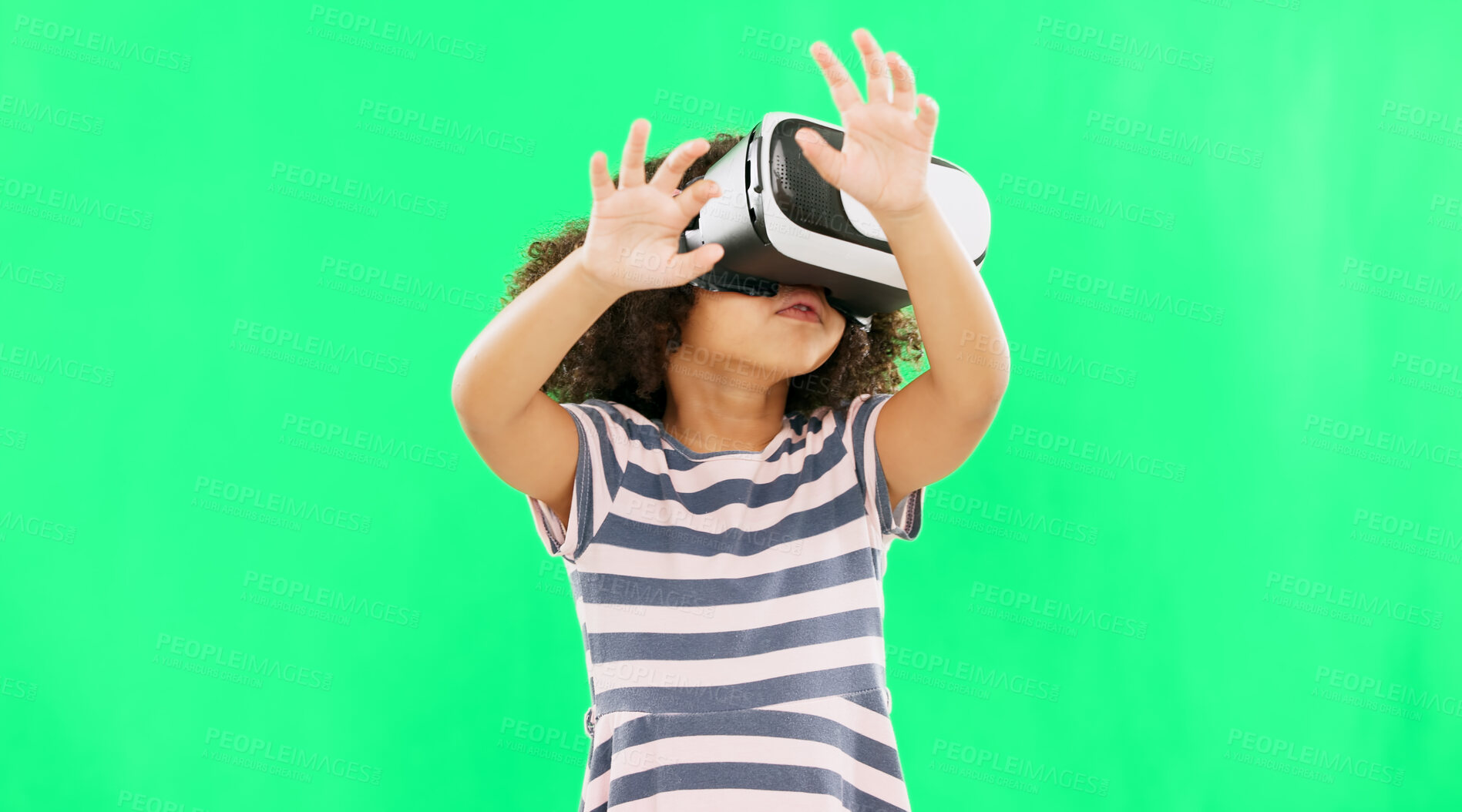 Buy stock photo Green screen, virtual reality with girl kid and metaverse, future technology or gaming on studio background. User experience, online games and 3D with mockup space and VR goggles for digital world