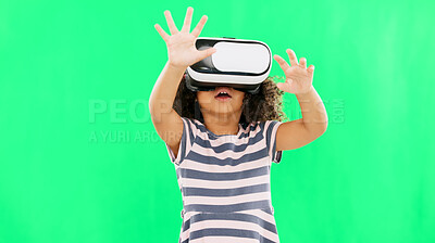 Buy stock photo Green screen, virtual reality with girl child and metaverse, future technology or gaming on studio background. User experience, online games and 3D, mockup space and VR goggles for digital world