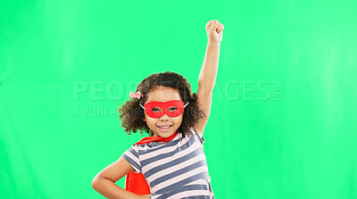 Buy stock photo Costume, green screen or girl with hero, fly or portrait with fantasy on a studio background. Face, model or child with superpower, game or Halloween with kid, smile or character, stop crime or fight