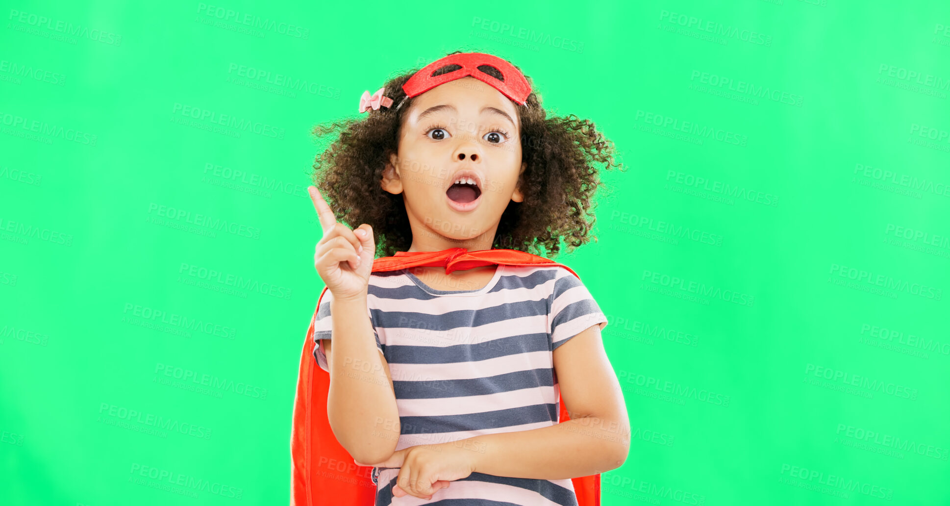 Buy stock photo Thinking, superhero and child on green screen with idea stop crime and fight with fantasy or cosplay costume. Girl power, hero and pretend game with strong kid portrait to protect freedom and justice