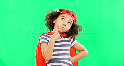 Buy stock photo Child, superhero and thinking on green screen to stop crime and fight with fantasy or cosplay costume for freedom. Girl power, hero and idea or game with strong kid in studio to protect for justice