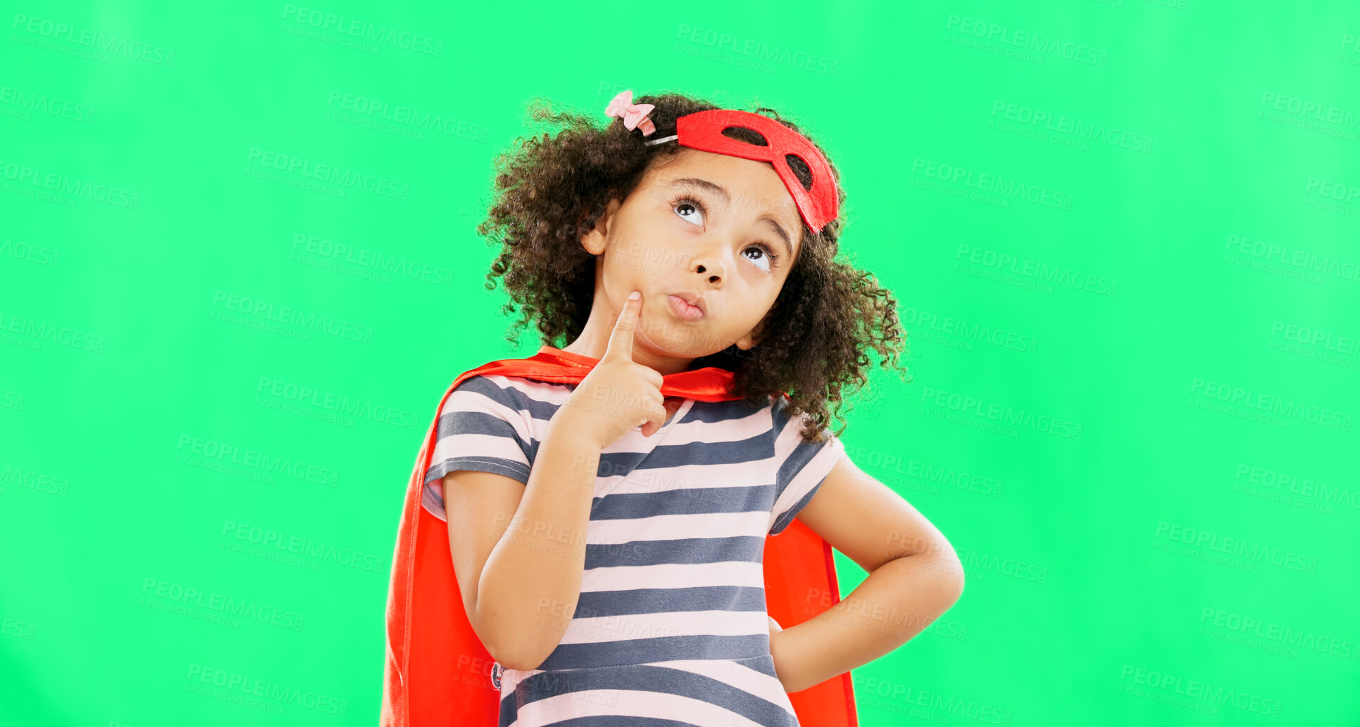 Buy stock photo Child, superhero and thinking on green screen to stop crime and fight with fantasy or cosplay costume for freedom. Girl power, hero and idea or game with strong kid in studio to protect for justice