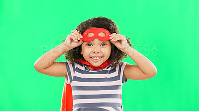 Buy stock photo Happy child, superhero and portrait on green screen with a smile to fight with fantasy, dream or cosplay costume. Girl power, hero and game with strong kid to protect freedom and justice with a mask