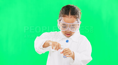 Buy stock photo Green screen, child scientist and test tube for chemistry and science experiment, education and goggles for safety. Liquid chemical, solution and research with scientific beaker on studio background