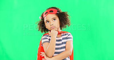 Green screen, superhero and child thinking of idea to stop crime and fight with fantasy or cosplay costume. Girl power, hero and pretend game with strong kid to protect freedom and justice with space