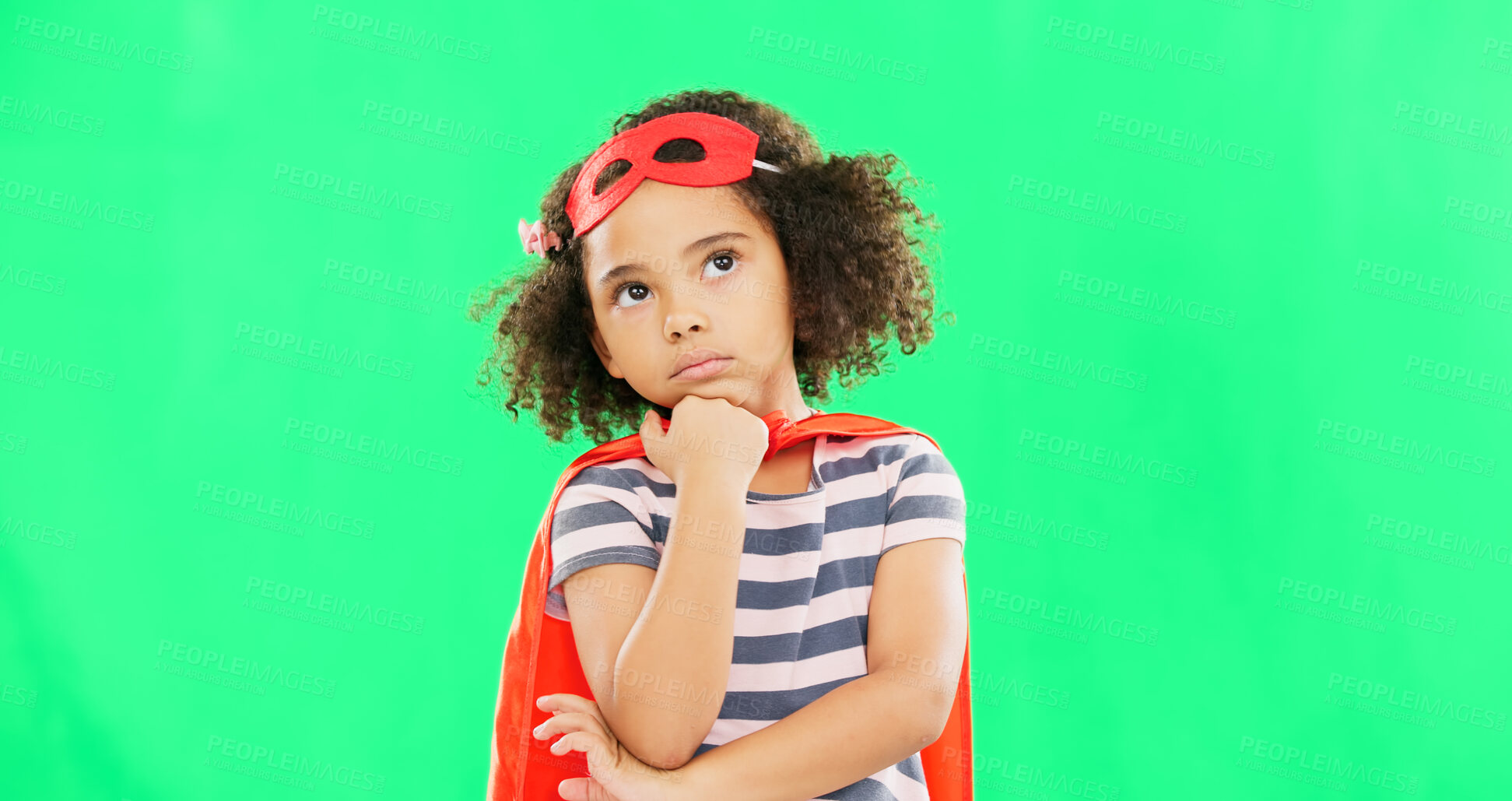 Buy stock photo Green screen, superhero and child thinking of idea to stop crime and fight with fantasy or cosplay costume. Girl power, hero and pretend game with strong kid to protect freedom and justice with space