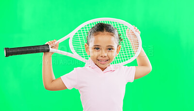 Buy stock photo Happy girl, child and tennis on green screen in fitness, sports or game against a studio background. Portrait of female person, little athlete or kid smile with racket for sport match on mockup space