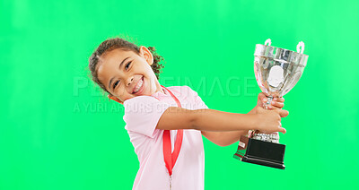 Buy stock photo Happy girl, portrait and celebration with trophy on green screen for winning, award or prize against a studio background. Person, child or kid smile with achievement in sport championship on mockup