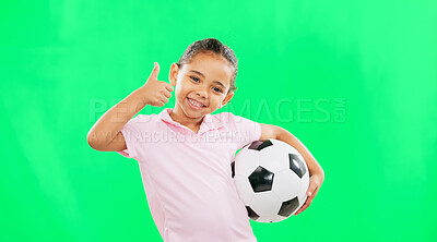 Girl, soccer ball and thumbs up in green screen studio with smile, face and happiness in sport mockup. Young female child, football mock up and happy for kids sport agreement, portrait and training
