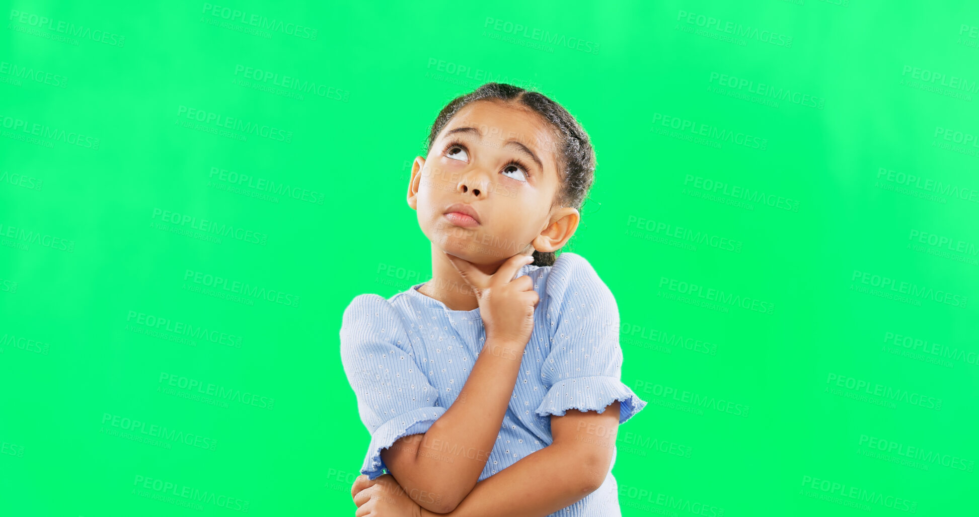 Buy stock photo Green screen, thinking and confused child in studio with decision, contemplation and pensive on mockup background. Doubt, emoji and unsure girl contemplating choice, why or solution while isolated