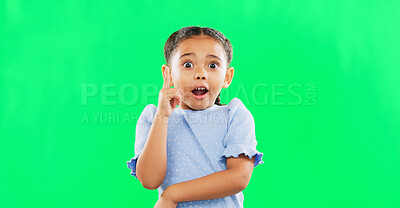 Face, green screen and child in studio with idea, answer or solution, happy and excited on mockup background. Portrait, wow and girl with surprised, emoji and lightbulb moment or eureka isolated