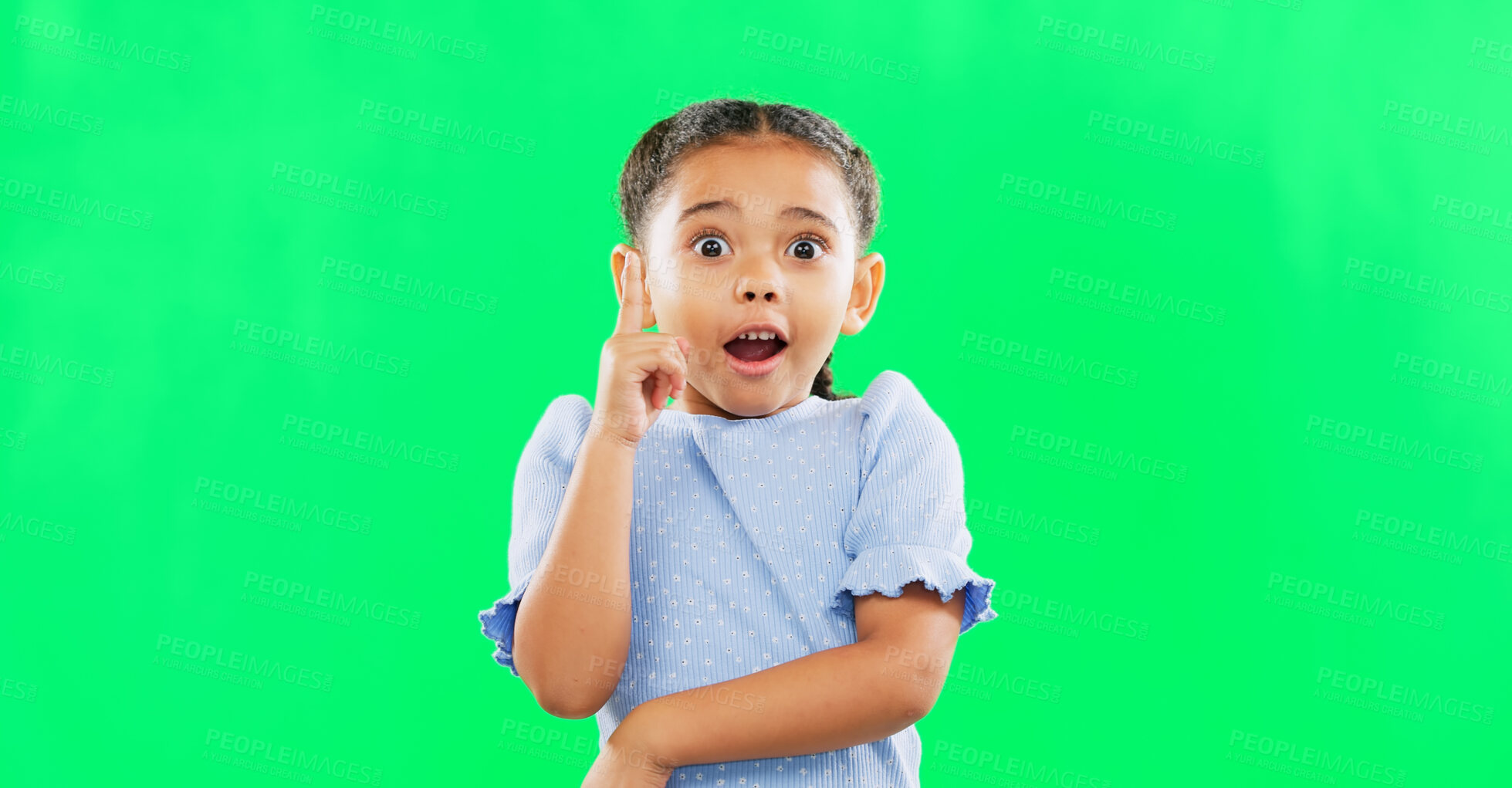 Buy stock photo Face, green screen and child in studio with idea, answer or solution, happy and excited on mockup background. Portrait, wow and girl with surprised, emoji and lightbulb moment or eureka isolated