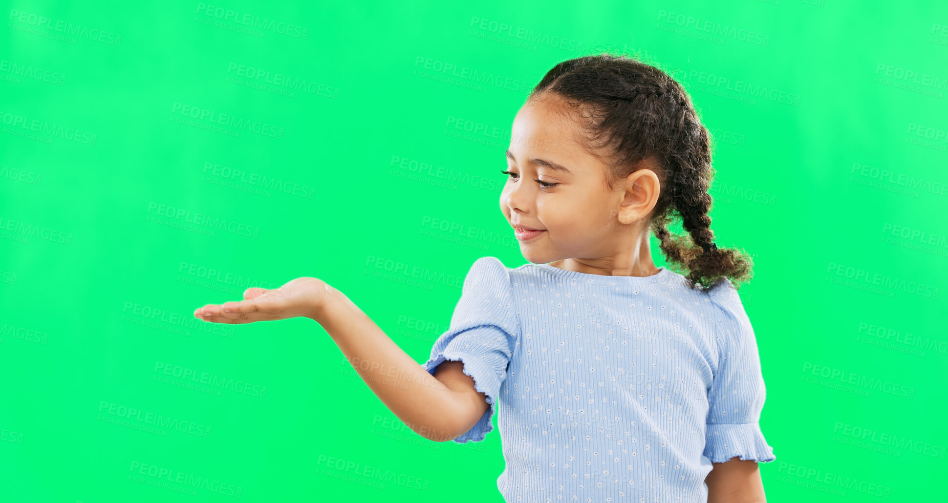 Buy stock photo Green screen, hand gesture and child face of a young girl with mock up showing advertisement or product. Portrait, smile and happiness of a little kid with isolated studio background with mockup