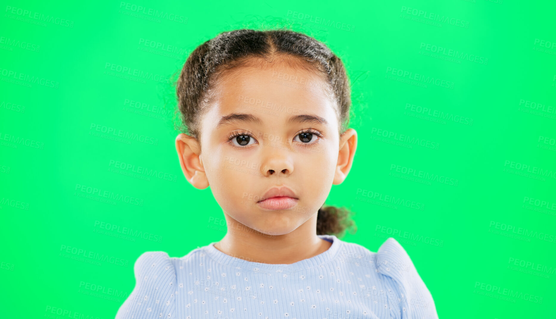 Buy stock photo Eyebrow raise, green screen and child face of a young girl with a funny, meme and emoji expression. Comic, kid and humor of a little kid with isolated studio background with youth comedy and alone