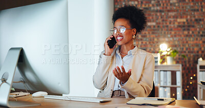 Buy stock photo Phone call, office and business woman at night working on project, research and website in dark. Corporate, pc computer and person on smartphone for contact, communication and discussion at desk