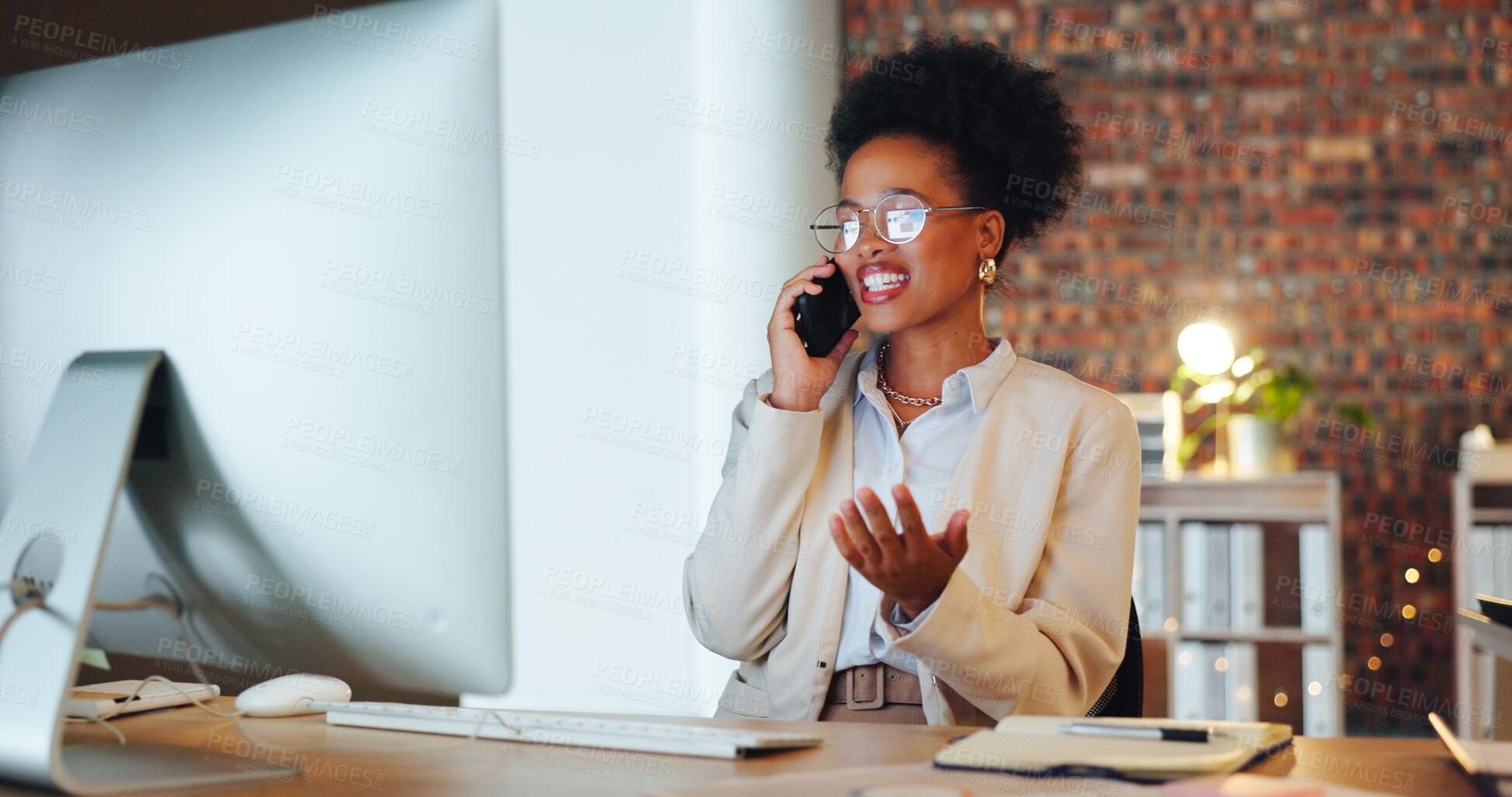 Buy stock photo Phone call, office and business woman at night working on project, research and website in dark. Corporate, pc computer and person on smartphone for contact, communication and discussion at desk