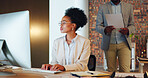 Business people working night, black woman writing report and team, computer and employee at desk with coworking. Overtime, technology and wifi, collaboration and communication with project deadline