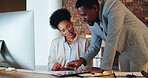 Business people, documents and team discussion at night for project deadline, report and corporate collaboration. Employees working overtime with paperwork, planning strategy and conversation at desk