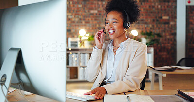 Buy stock photo Woman, call center and computer in night, office and talking for telemarketing, voip mic or contact us. African consultant, crm and tech support agent for customer care, ideas or advice at help desk