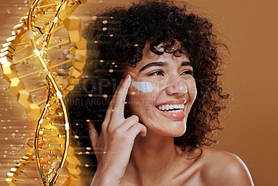 Woman, face and skincare cream with DNA, genetic hologram and chromosome on studio background. Ai generated, smile and African model with dermatology, collagen and futuristic cosmetic beauty genes