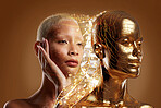 Woman, face and skincare beauty with gold head, DNA and genetic hologram on studio background. Ai generated, African model and person with dermatology, collagen and futuristic cosmetic genes