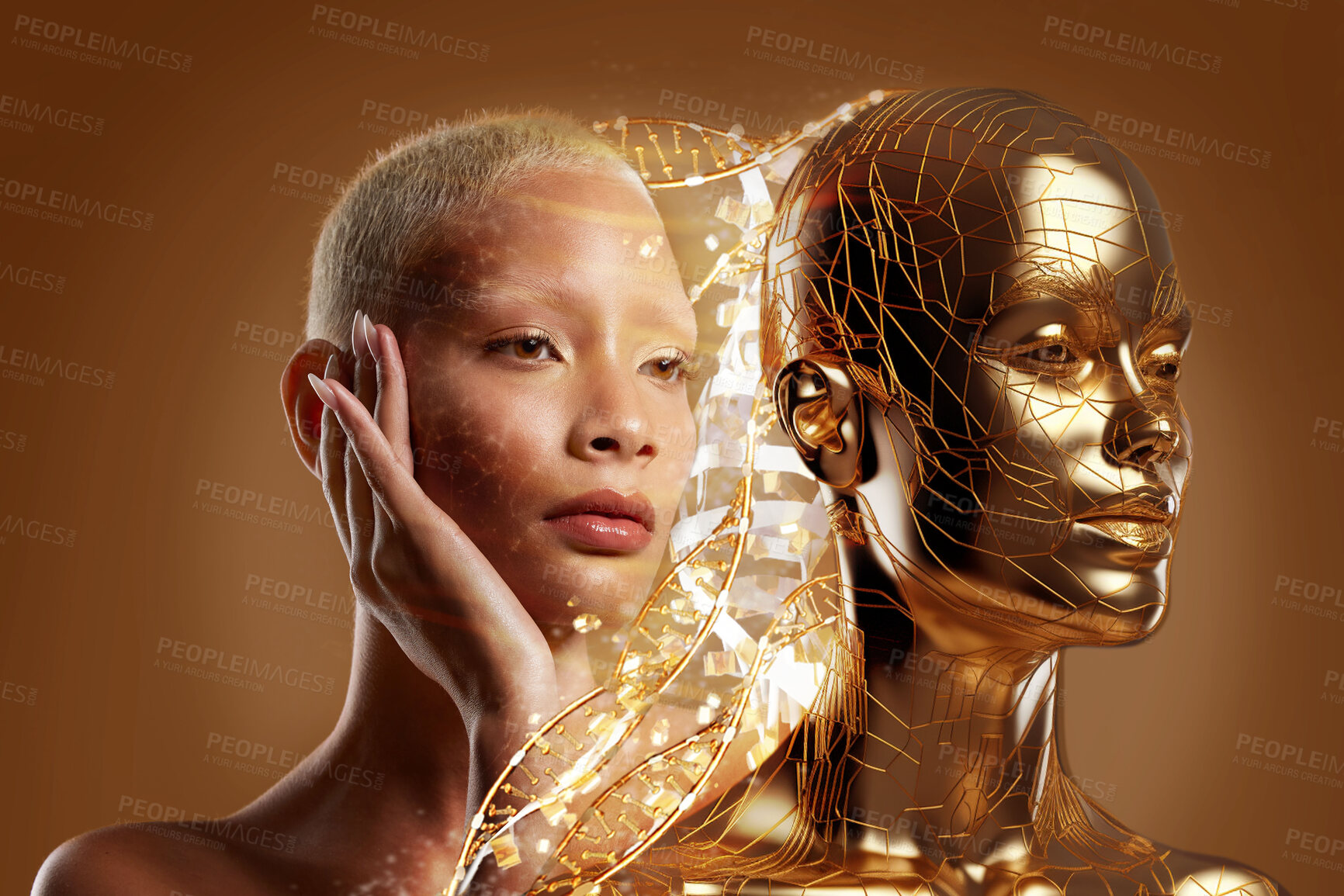 Buy stock photo Woman, face and skincare beauty with gold head, DNA and genetic hologram on studio background. Ai generated, African model and person with dermatology, collagen and futuristic cosmetic genes