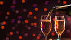 Closeup, champagne or alcohol glass in night club, restaurant and party for celebration, new year and late event. Ai generated, drink or luxury bubble beverage on table isolated on bokeh mockup space