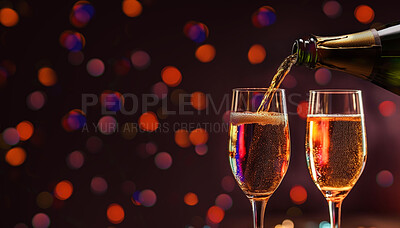 Closeup, champagne or alcohol glass in night club, restaurant and party for celebration, new year and late event. Ai generated, drink or luxury bubble beverage on table isolated on bokeh mockup space