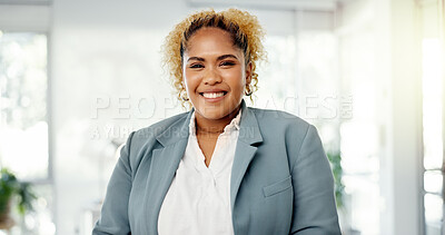 Portrait, consultant and business woman in modern office happy and smiling for future of company and growth. Employee, entrepreneur or worker with a positive mindset arms crossed in workplace