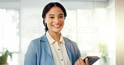Face, leadership and black woman in startup company, business or busy office for happy career mission. Smile of young Human Resources worker, employee or person with tablet for workflow management