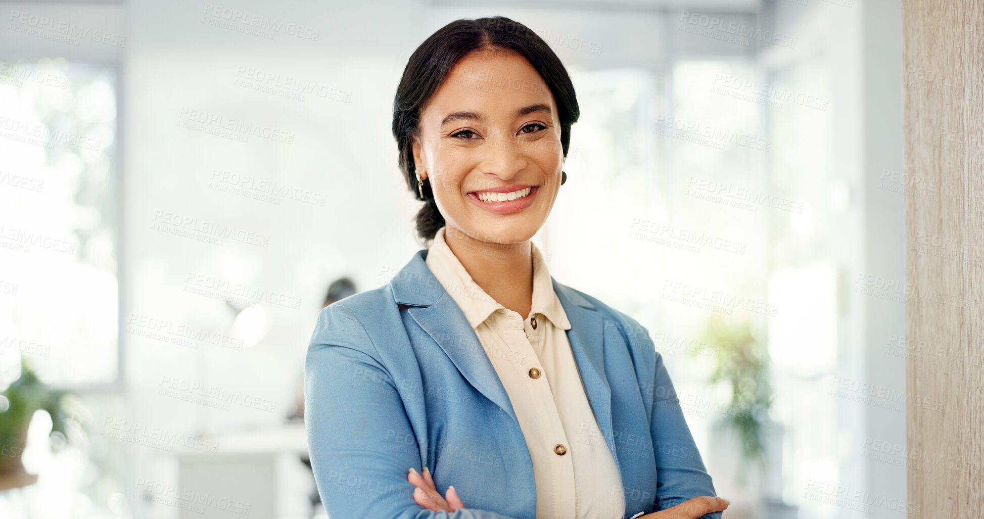 Buy stock photo Portrait, smile and business woman with arms crossed in corporate company, office or workplace for pride in career. Face, confidence and professional entrepreneur, agent or employee working in Brazil