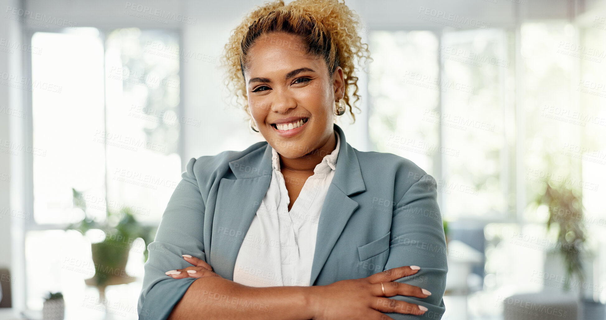Buy stock photo Portrait, happy and business woman with arms crossed in corporate company, office or workplace for pride in career. Face, confidence and professional entrepreneur, agent or employee working in Brazil