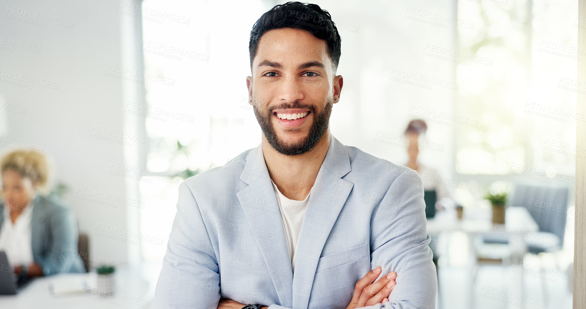 Buy stock photo Portrait, happy and business man with arms crossed in corporate company, office or workplace for pride in career. Face, confidence and professional entrepreneur, agent or employee coworking in Brazil