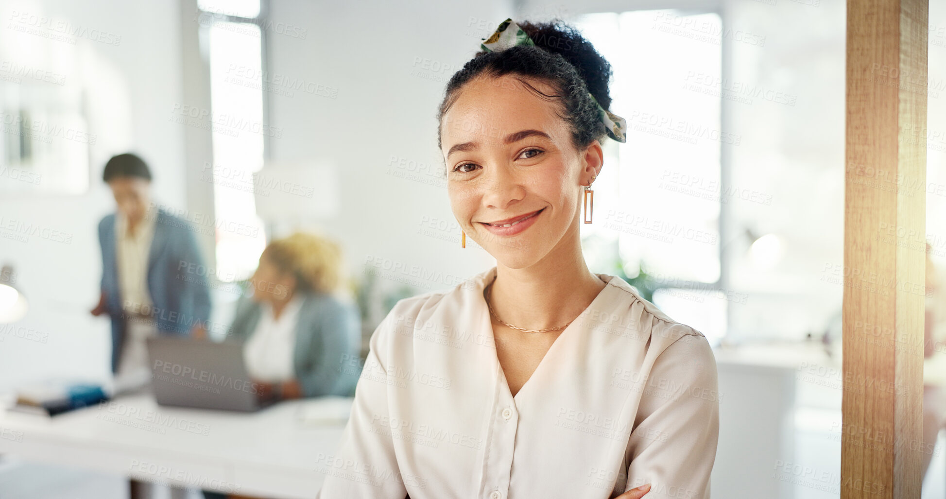 Buy stock photo Portrait, smile and business woman in startup company, office or creative workplace for pride in career. Happy face, confidence and professional entrepreneur, female designer or employee coworking