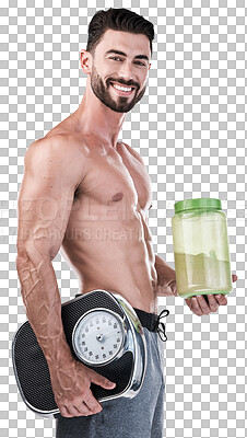 Protein shake, fitness and scale with portrait of man for workou
