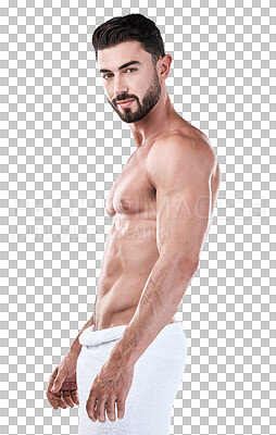 Muscular man, standing and smile with towel for clean hygiene, w