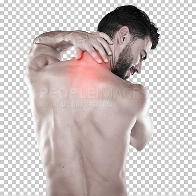 Fitness, hand or sports man with neck pain after exercise, body
