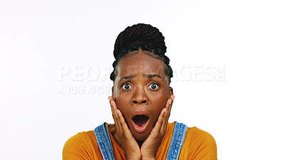 Face, surprise and black woman with shock, surprised and girl isolated on white studio background. Portrait, African American female and lady with shocked facial expression, news and announcement with emoji