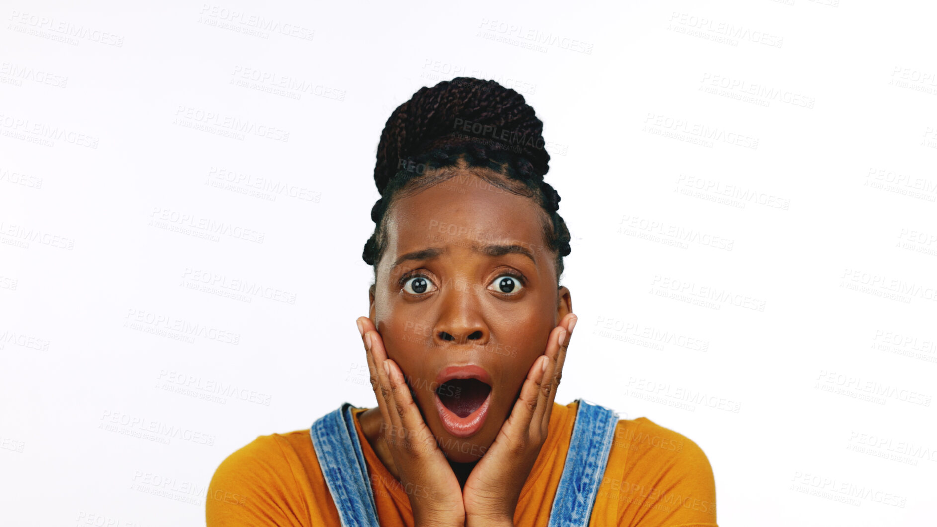 Buy stock photo Portrait, surprise or shock with a black woman in studio isolated on a white background for reaction to fake news. Face, expression and emoji with a young person looking mind blown by hearing gossip